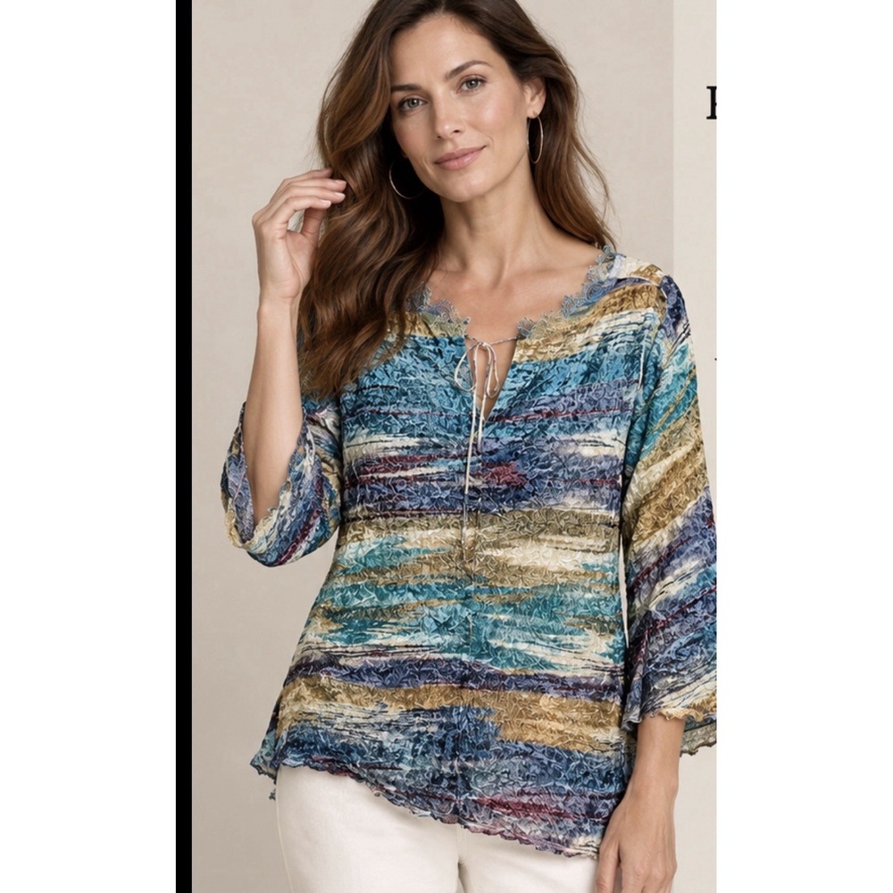 Kisca by Komarov Top Sz M Crinkle Velvet Abstract Stripe Boho Artsy Whimsical